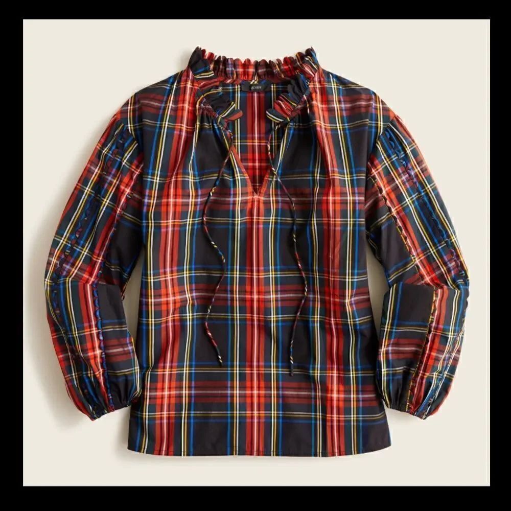 J Crew Stewart Tartan Plaid Tie Neck Scalloped Top NWT